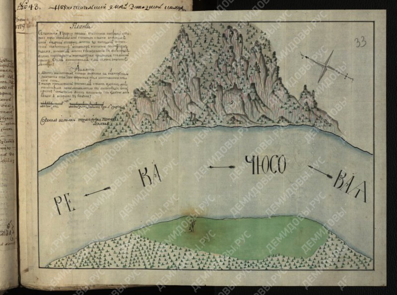 План с указанием места, где Демидов хочет поставить памятник, по течению реки Чусовой, на правой стороне горы Писанный камень Архив 